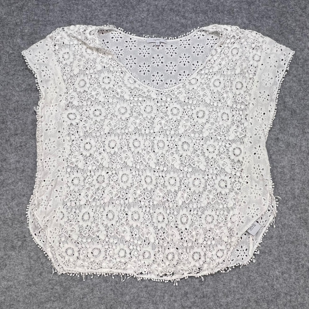 Mystree White Eyelet Lace Short Sleeve V Neck Top Women's Size S